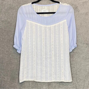 DEICY S Small Top Shirt Blue Eyelet Scoop Neck Short Sleeve Casual Womens P21
